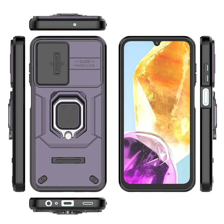 For Samsung Galaxy M15 5G Case with Slide Camera Cover Ring Kickstand PC+TPU Phone Protector
