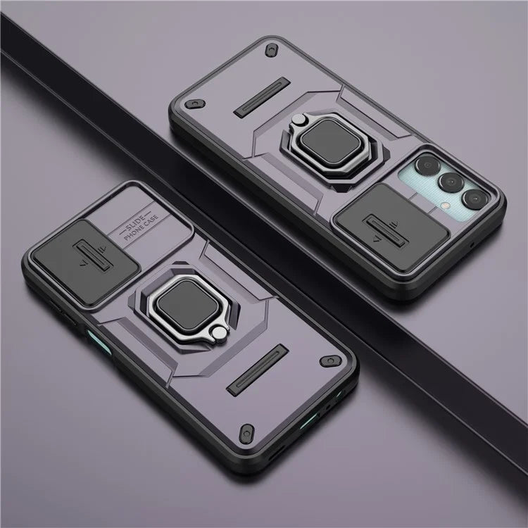 For Samsung Galaxy M15 5G Case with Slide Camera Cover Ring Kickstand PC+TPU Phone Protector