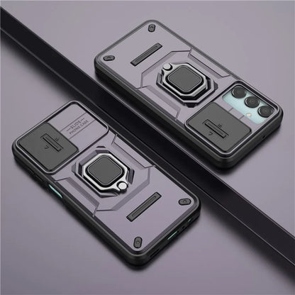 For Samsung Galaxy M15 5G Case with Slide Camera Cover Ring Kickstand PC+TPU Phone Protector