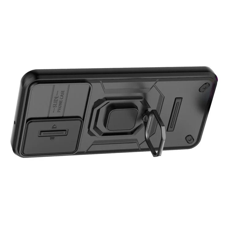 For Samsung Galaxy M15 5G Case with Slide Camera Cover Ring Kickstand PC+TPU Phone Protector