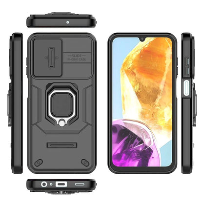 For Samsung Galaxy M15 5G Case with Slide Camera Cover Ring Kickstand PC+TPU Phone Protector