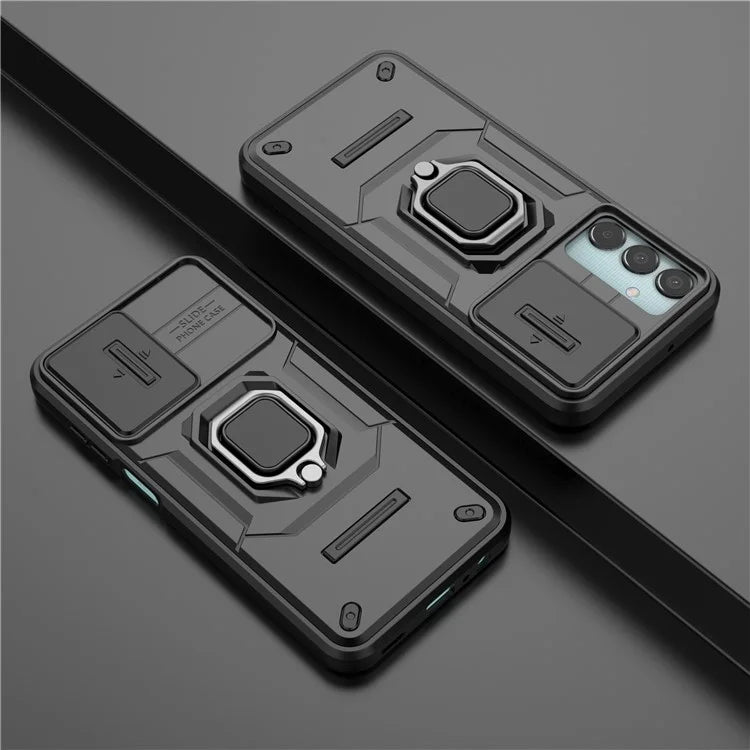For Samsung Galaxy M15 5G Case with Slide Camera Cover Ring Kickstand PC+TPU Phone Protector