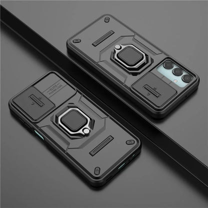 For Samsung Galaxy M15 5G Case with Slide Camera Cover Ring Kickstand PC+TPU Phone Protector