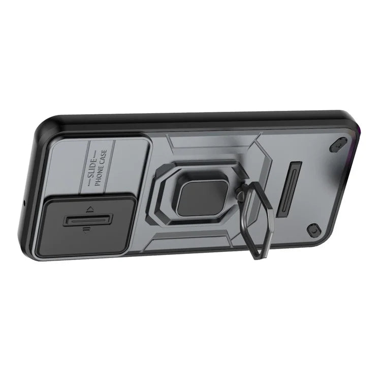 For Samsung Galaxy M15 5G Case with Slide Camera Cover Ring Kickstand PC+TPU Phone Protector
