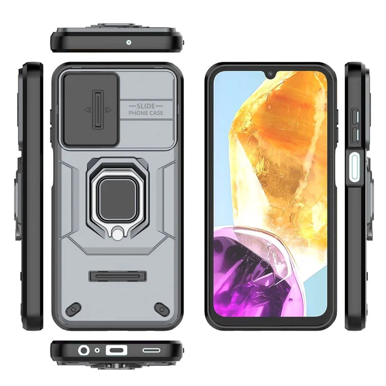 For Samsung Galaxy M15 5G Case with Slide Camera Cover Ring Kickstand PC+TPU Phone Protector
