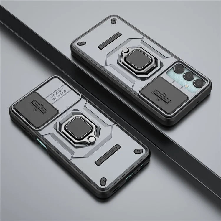 For Samsung Galaxy M15 5G Case with Slide Camera Cover Ring Kickstand PC+TPU Phone Protector
