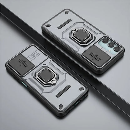For Samsung Galaxy M15 5G Case with Slide Camera Cover Ring Kickstand PC+TPU Phone Protector