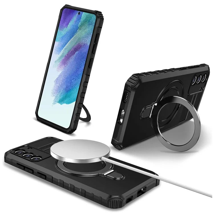 For Samsung Galaxy S21 FE 5G Magnetic PC+TPU Phone Case Finger Grip Kickstand Cover
