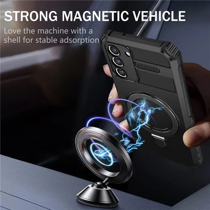 For Samsung Galaxy S21 FE 5G Magnetic PC+TPU Phone Case Finger Grip Kickstand Cover