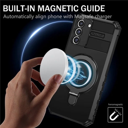 For Samsung Galaxy S21 FE 5G Magnetic PC+TPU Phone Case Finger Grip Kickstand Cover