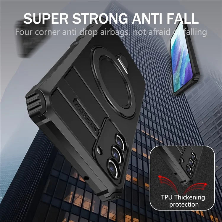 For Samsung Galaxy S21 FE 5G Magnetic PC+TPU Phone Case Finger Grip Kickstand Cover