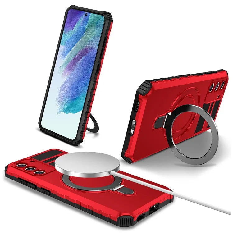 For Samsung Galaxy S21 FE 5G Magnetic PC+TPU Phone Case Finger Grip Kickstand Cover
