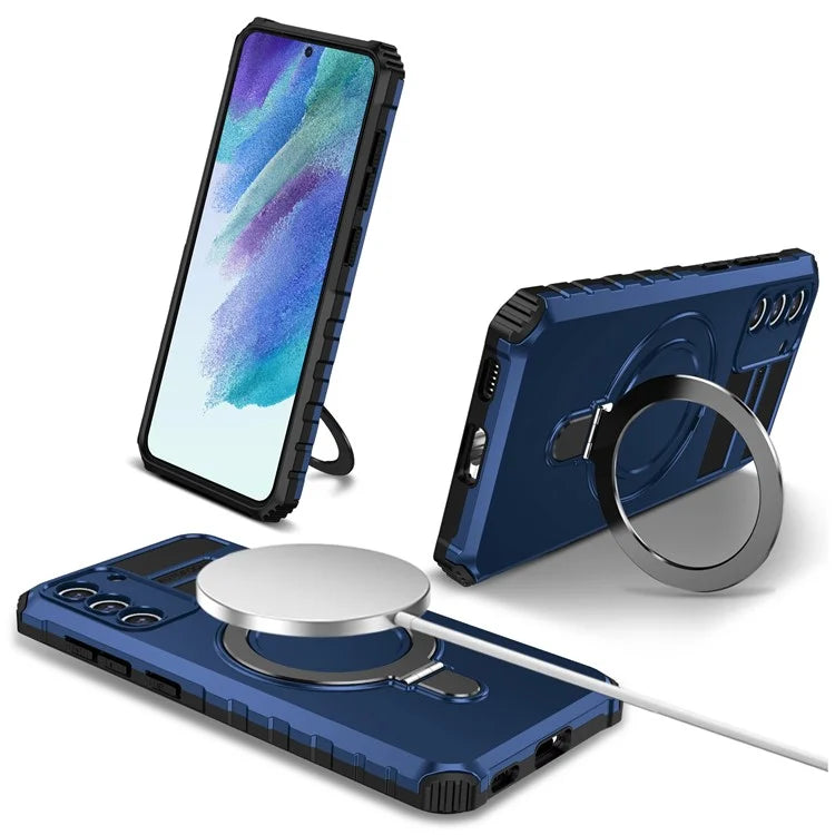 For Samsung Galaxy S21 FE 5G Magnetic PC+TPU Phone Case Finger Grip Kickstand Cover