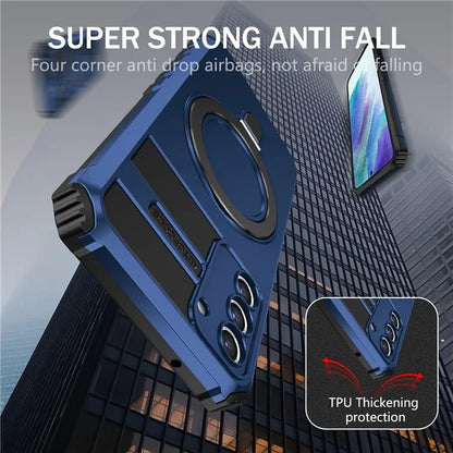 For Samsung Galaxy S21 FE 5G Magnetic PC+TPU Phone Case Finger Grip Kickstand Cover