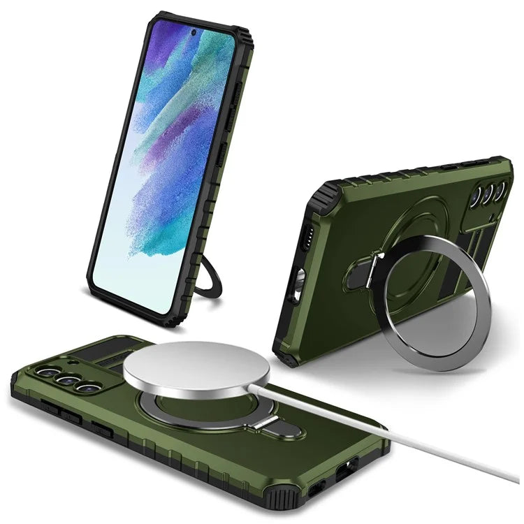 For Samsung Galaxy S21 FE 5G Magnetic PC+TPU Phone Case Finger Grip Kickstand Cover