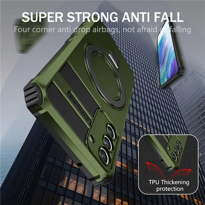 For Samsung Galaxy S21 FE 5G Magnetic PC+TPU Phone Case Finger Grip Kickstand Cover