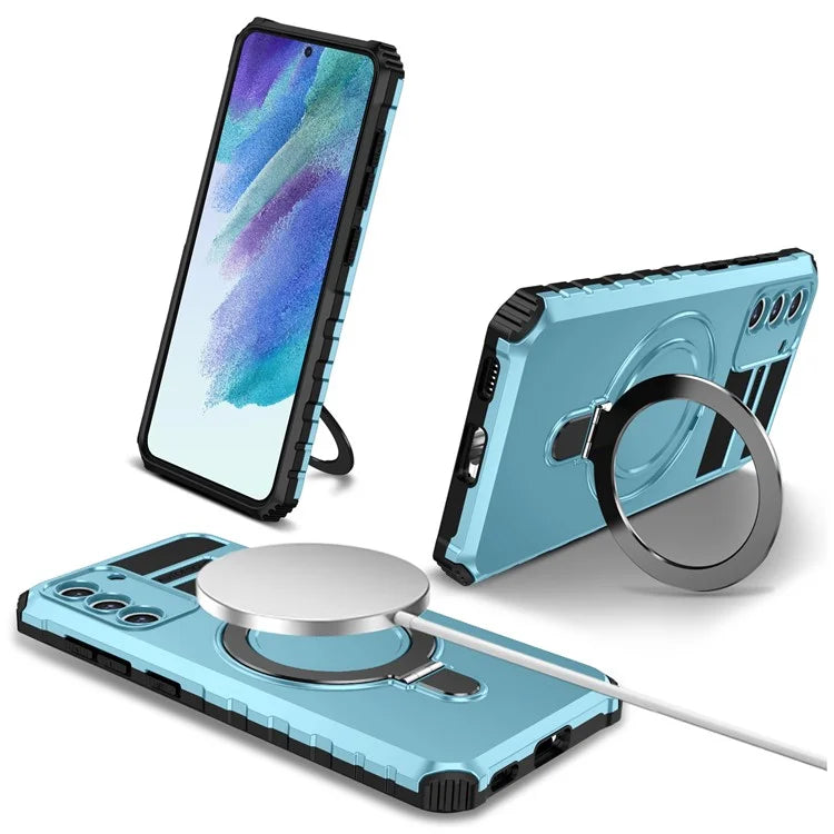 For Samsung Galaxy S21 FE 5G Magnetic PC+TPU Phone Case Finger Grip Kickstand Cover