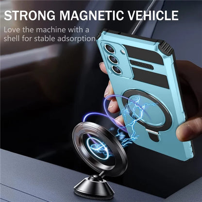 For Samsung Galaxy S21 FE 5G Magnetic PC+TPU Phone Case Finger Grip Kickstand Cover