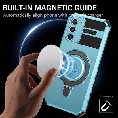 For Samsung Galaxy S21 FE 5G Magnetic PC+TPU Phone Case Finger Grip Kickstand Cover