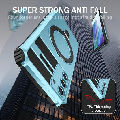 For Samsung Galaxy S21 FE 5G Magnetic PC+TPU Phone Case Finger Grip Kickstand Cover