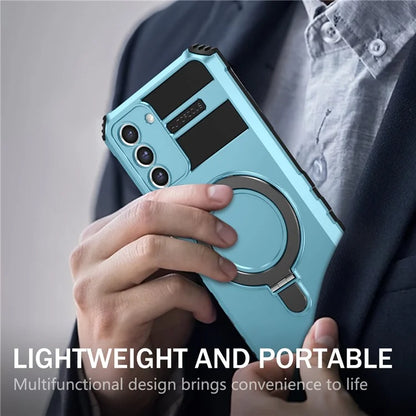 For Samsung Galaxy S21 FE 5G Magnetic PC+TPU Phone Case Finger Grip Kickstand Cover