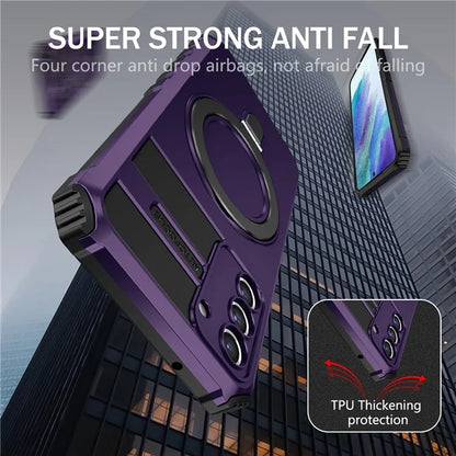 For Samsung Galaxy S21 FE 5G Magnetic PC+TPU Phone Case Finger Grip Kickstand Cover