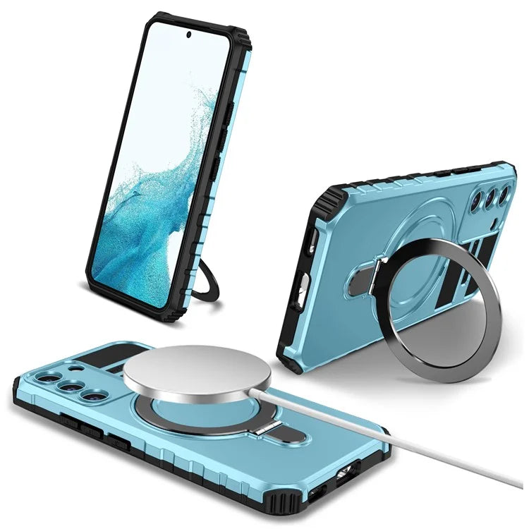 For Samsung Galaxy S22 5G Compatible with MagSafe PC+TPU Phone Case Magnetic Finger Grip Kickstand Cover