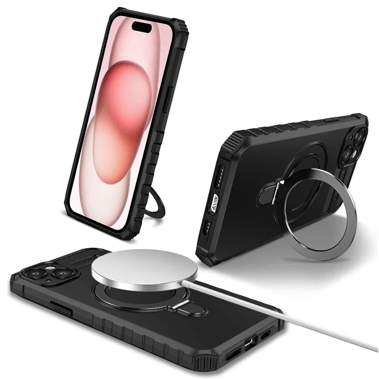For iPhone 15 Case Compatible with MagSafe PC+TPU Phone Cover Build-in Kickstand
