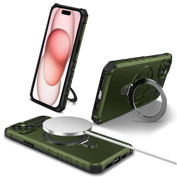 For iPhone 15 Case Compatible with MagSafe PC+TPU Phone Cover Build-in Kickstand