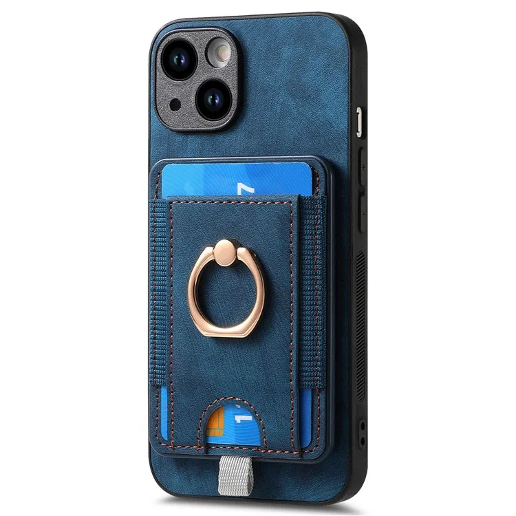 D7 For iPhone 15 Plus Case Kickstand Leather+TPU Phone Cover with Detachable Card Bag