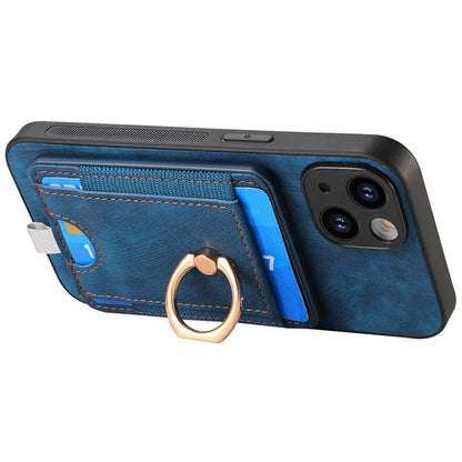 D7 For iPhone 15 Plus Case Kickstand Leather+TPU Phone Cover with Detachable Card Bag