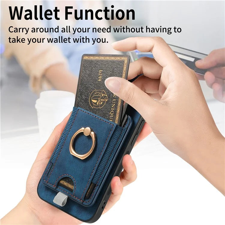 D7 For iPhone 15 Plus Case Kickstand Leather+TPU Phone Cover with Detachable Card Bag