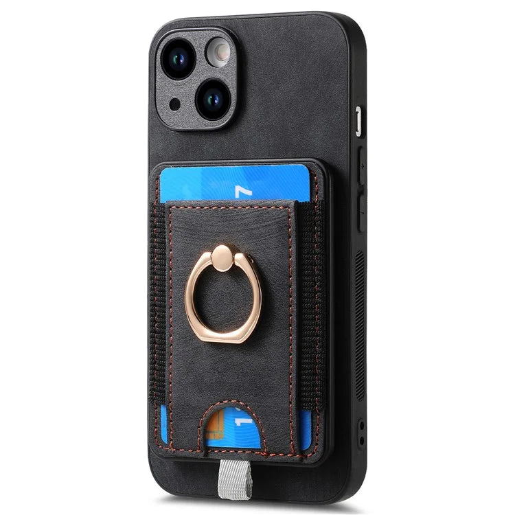 D7 For iPhone 15 Plus Case Kickstand Leather+TPU Phone Cover with Detachable Card Bag