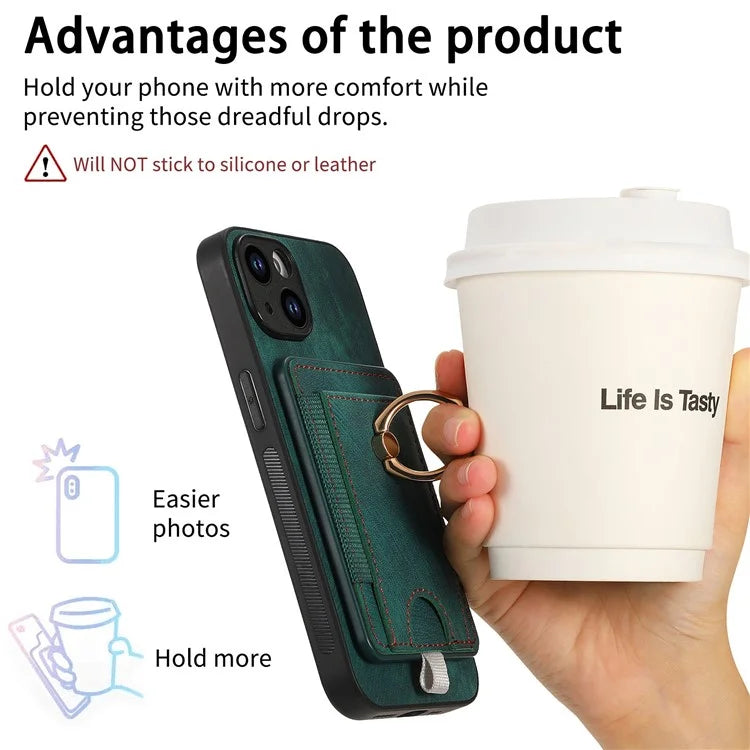 D7 For iPhone 15 Plus Case Kickstand Leather+TPU Phone Cover with Detachable Card Bag