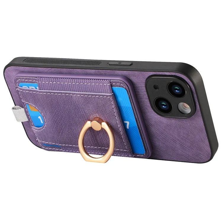 D7 For iPhone 15 Plus Case Kickstand Leather+TPU Phone Cover with Detachable Card Bag