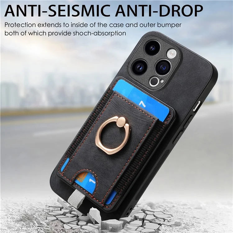 D7 For iPhone 14 Pro Case Ring Kickstand Leather+TPU Cover Detachable Magnetic Card Holder