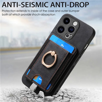 D7 For iPhone 14 Pro Case Ring Kickstand Leather+TPU Cover Detachable Magnetic Card Holder