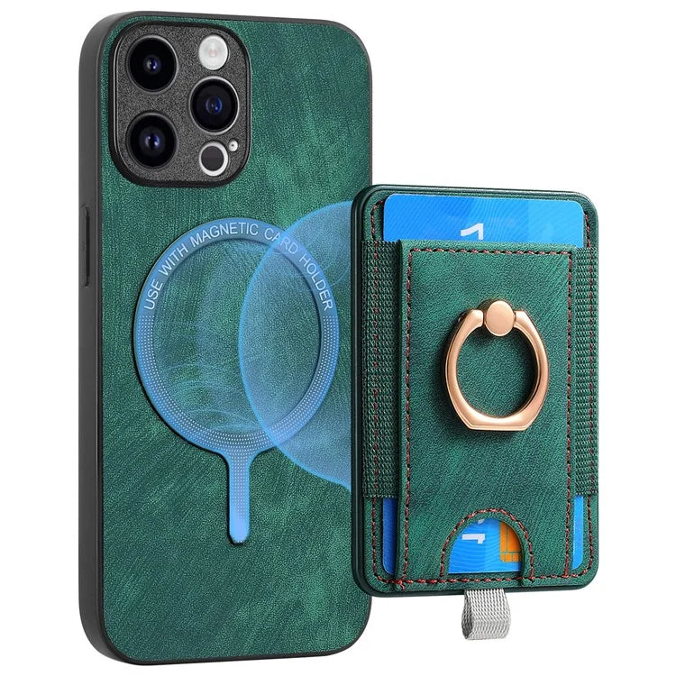 D7 For iPhone 14 Pro Case Ring Kickstand Leather+TPU Cover Detachable Magnetic Card Holder