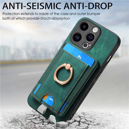 D7 For iPhone 14 Pro Case Ring Kickstand Leather+TPU Cover Detachable Magnetic Card Holder