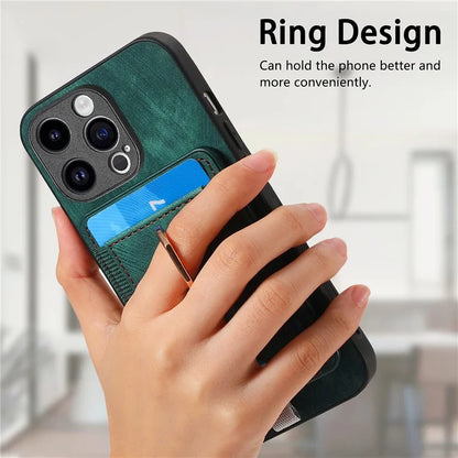 D7 For iPhone 14 Pro Case Ring Kickstand Leather+TPU Cover Detachable Magnetic Card Holder