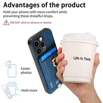D7 For iPhone 14 Pro Case Ring Kickstand Leather+TPU Cover Detachable Magnetic Card Holder
