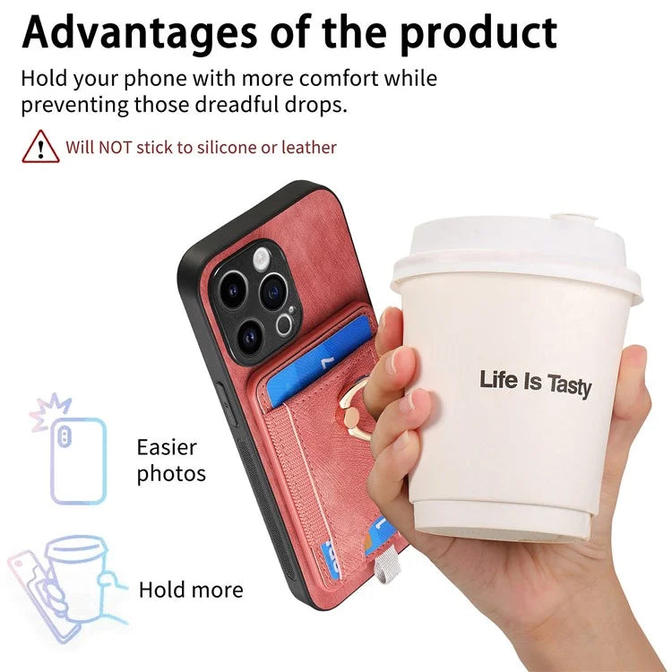 D7 For iPhone 14 Pro Case Ring Kickstand Leather+TPU Cover Detachable Magnetic Card Holder