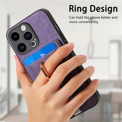 D7 For iPhone 14 Pro Case Ring Kickstand Leather+TPU Cover Detachable Magnetic Card Holder
