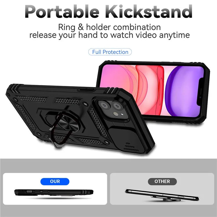 For iPhone 11 Case PC+TPU Kickstand Armour Phone Cover with Camera Slide Guard