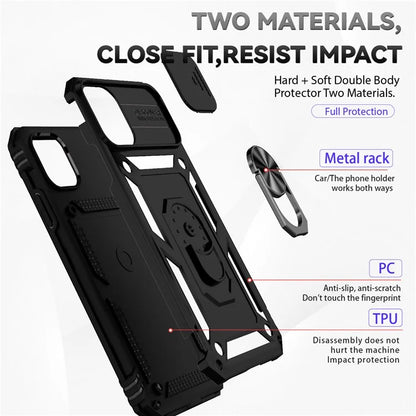 For iPhone 11 Case PC+TPU Kickstand Armour Phone Cover with Camera Slide Guard