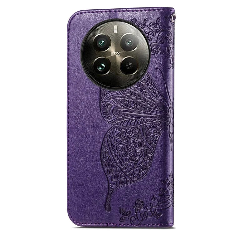 For Realme 12+ 5G Case Butterfly Imprinted PU Leather Flip Phone Cover