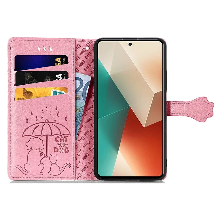 For Xiaomi Redmi Note 13 4G Case Cat and Dog Pattern PU Leather Flip Protective Phone Cover
