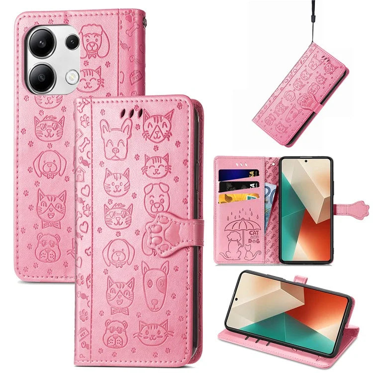 For Xiaomi Redmi Note 13 4G Case Cat and Dog Pattern PU Leather Flip Protective Phone Cover