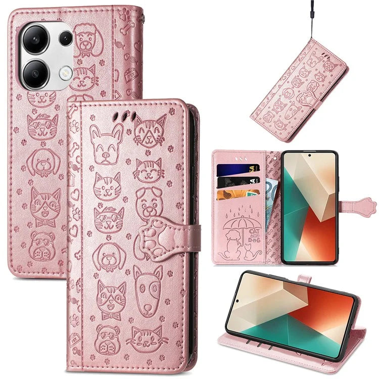 For Xiaomi Redmi Note 13 4G Case Cat and Dog Pattern PU Leather Flip Protective Phone Cover
