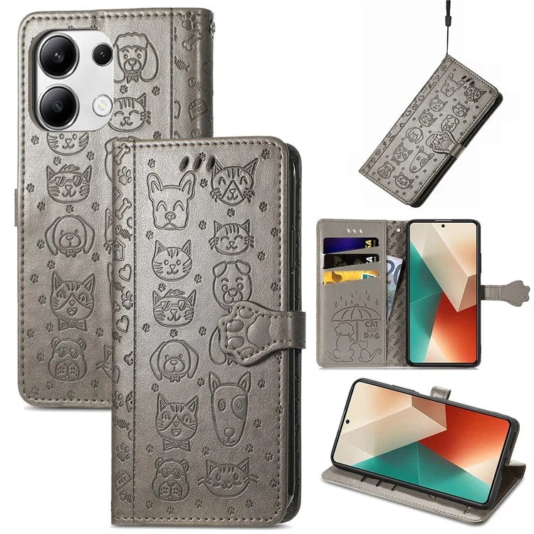 For Xiaomi Redmi Note 13 4G Case Cat and Dog Pattern PU Leather Flip Protective Phone Cover